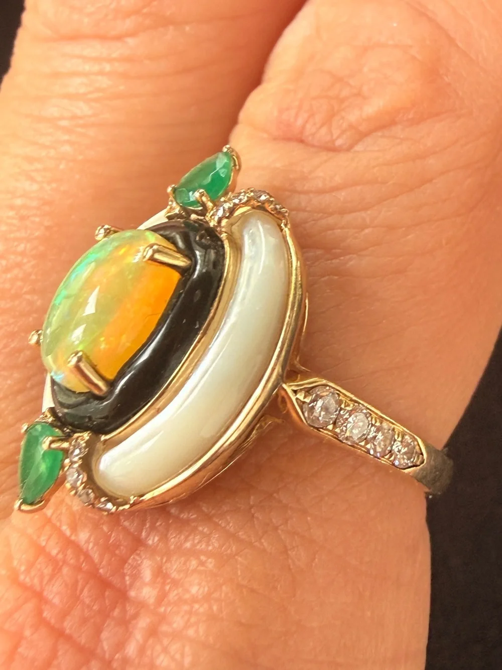 ✨Vintage Asch Grossbardt 14K Gold Opal, Mother-of-Pearl, Onyx & Emerald Ring Sz8